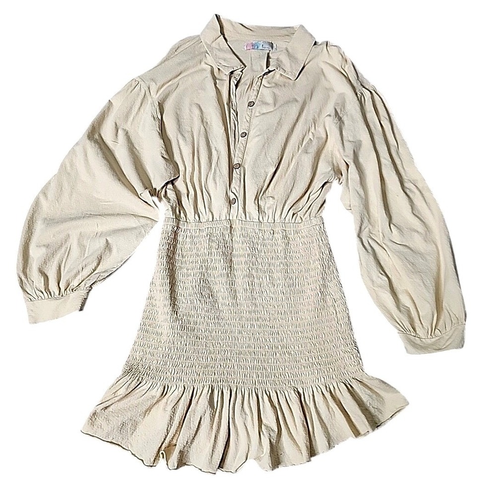 Free People Beach Yellow Smocked Mini Shane Shirt Dress Ruffle Boho Cottage‎ M